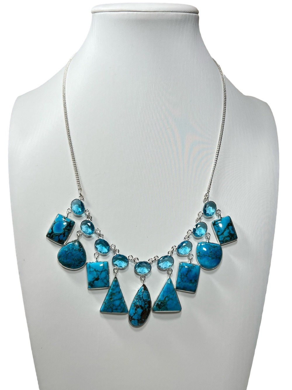Turquoise & Synthetic Blue Topaz 925 Delicate Multi Stone Gemstone Necklace